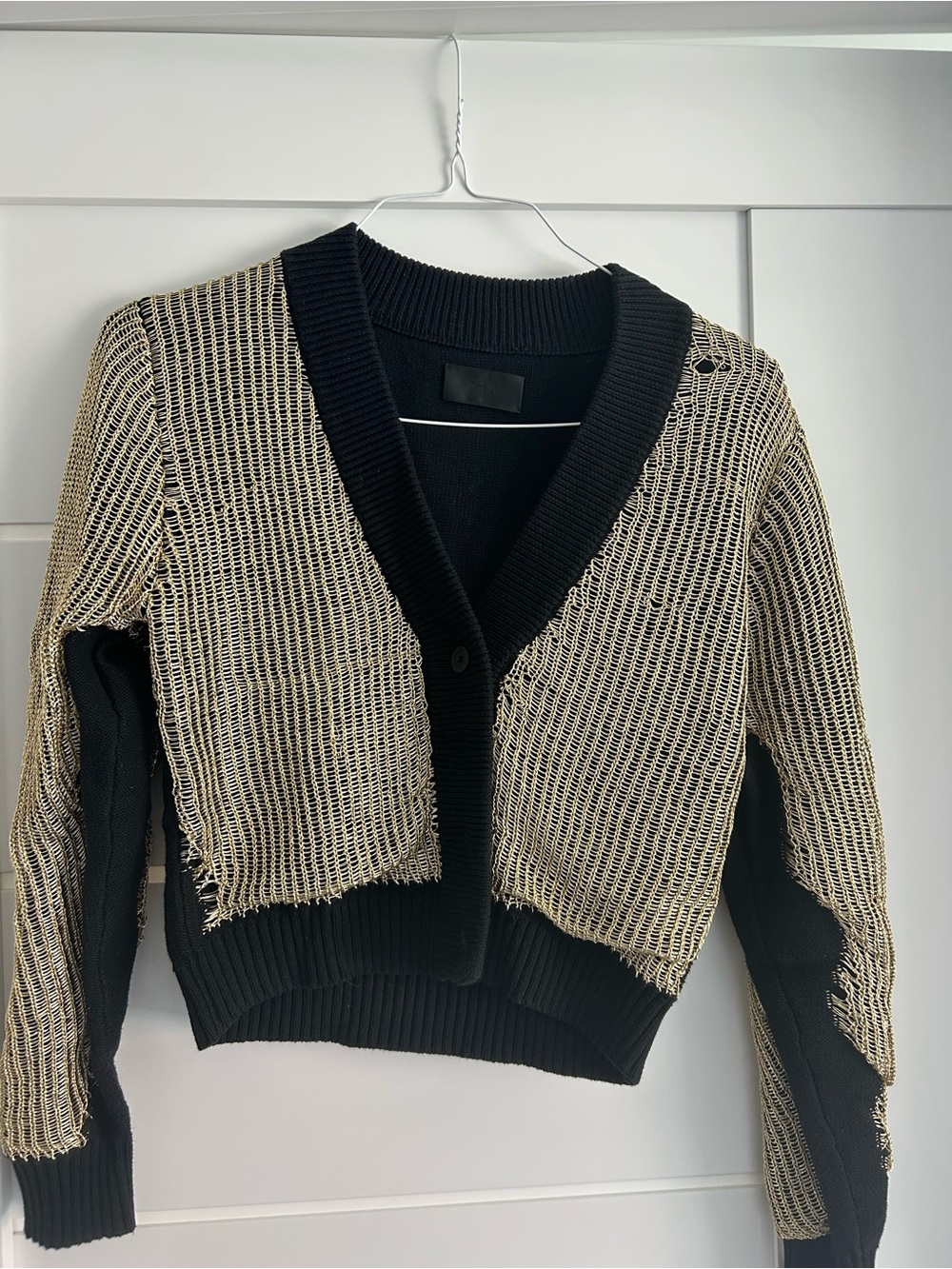 RtA Black and Beige Two-Tone Open Knit Cropped Cardigan